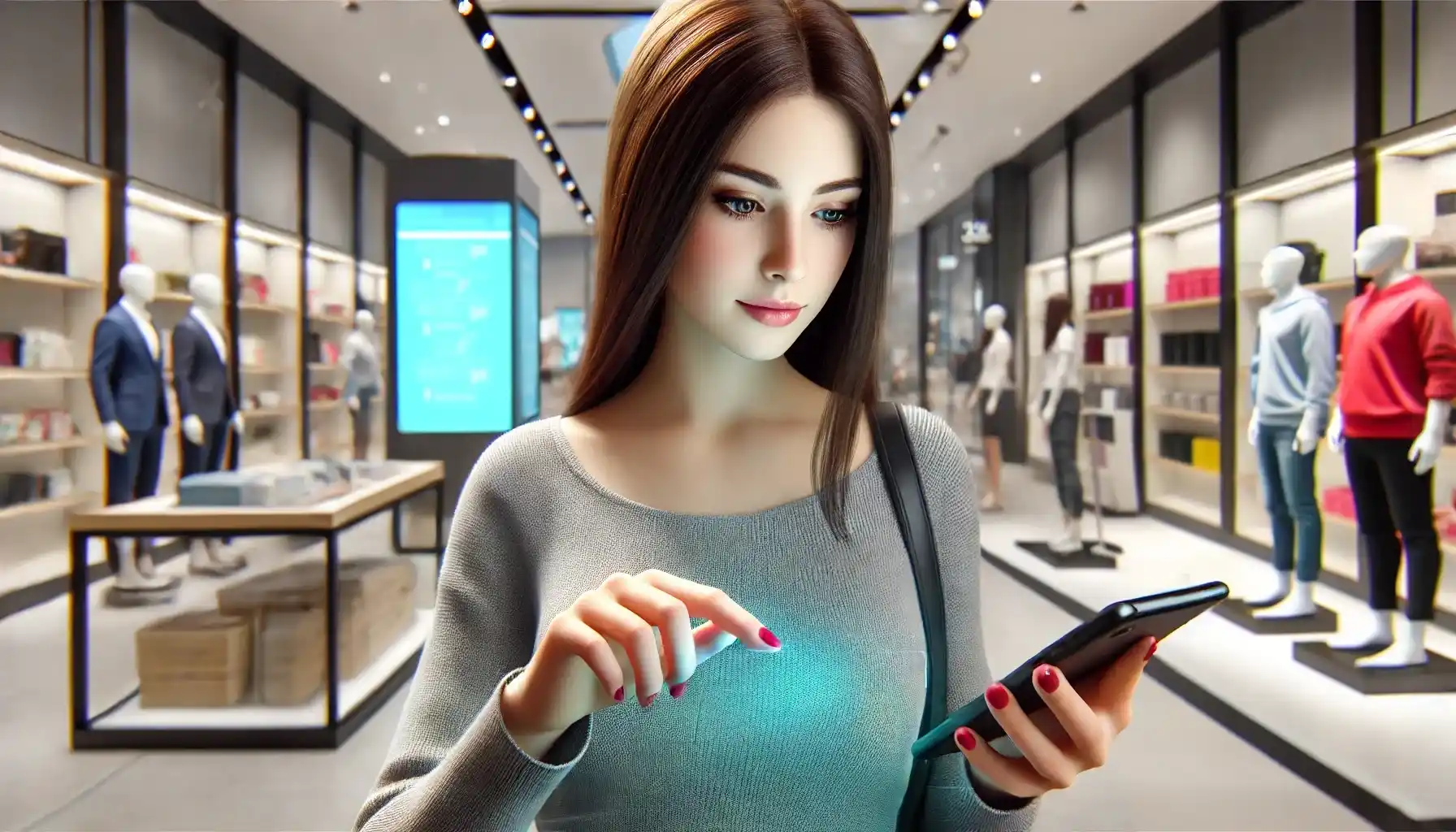 A young woman is using a smartphone in a modern shopping mall to scan barcodes and find the best price offer. 