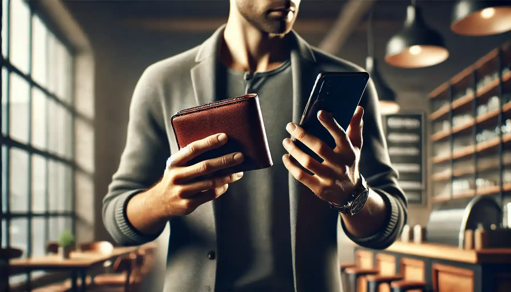 A man is holding a leather wallet in one hand while using his smartphone  with the other to log all the day's expenses in the app. 