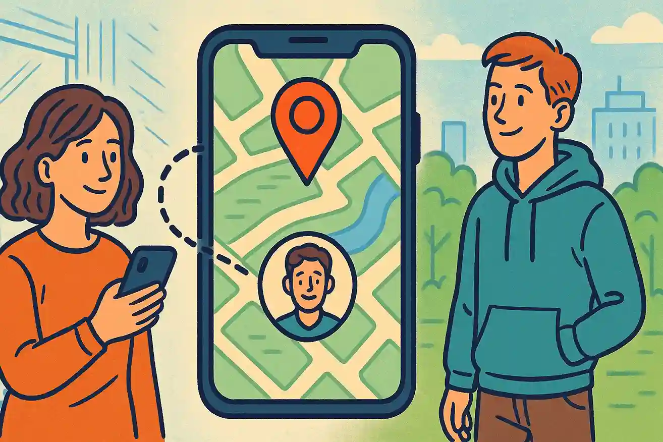 Two people are connected by a location tracking app in two different places.