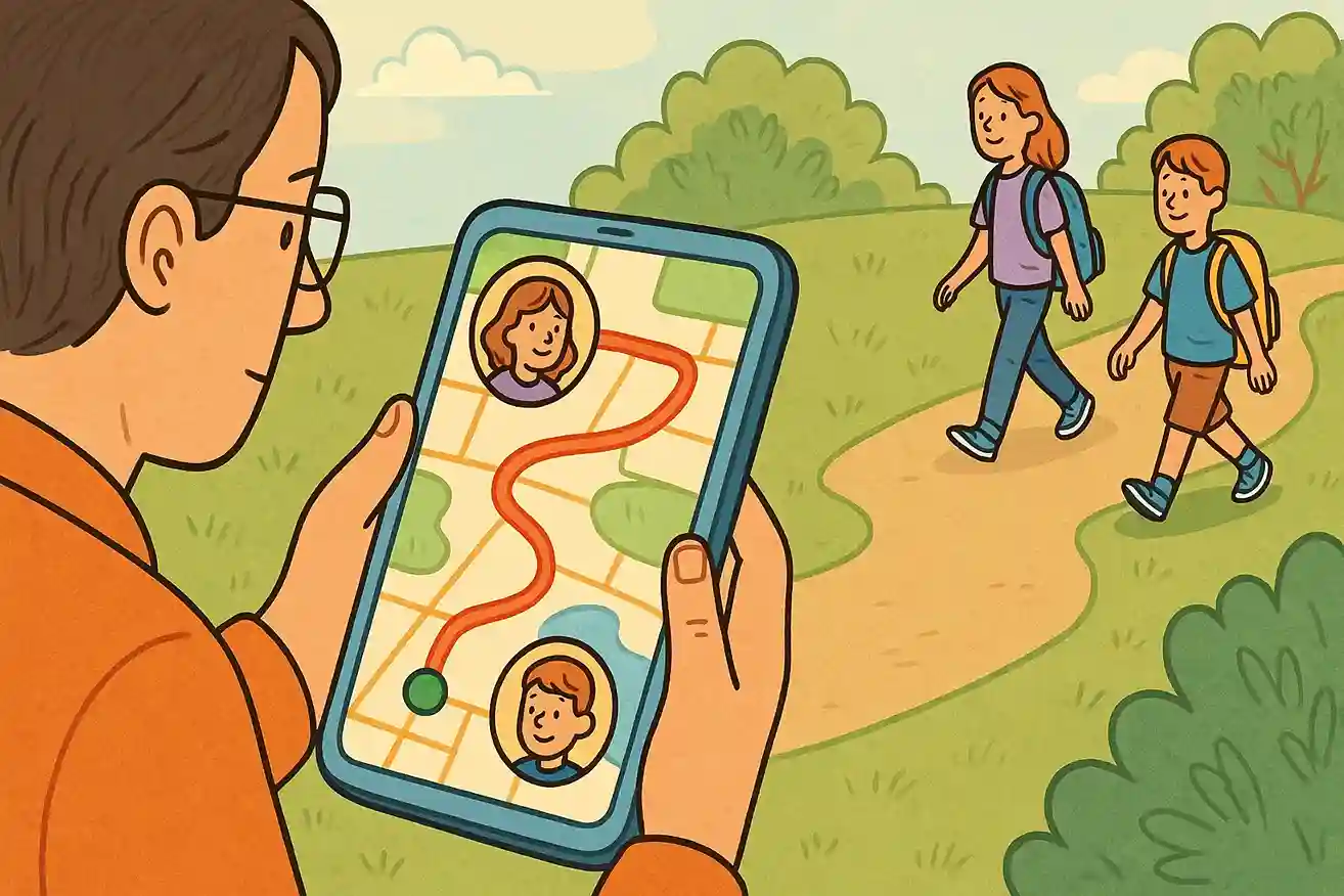 A parent is watching their children’s route in real time with the help of a location tracking app.