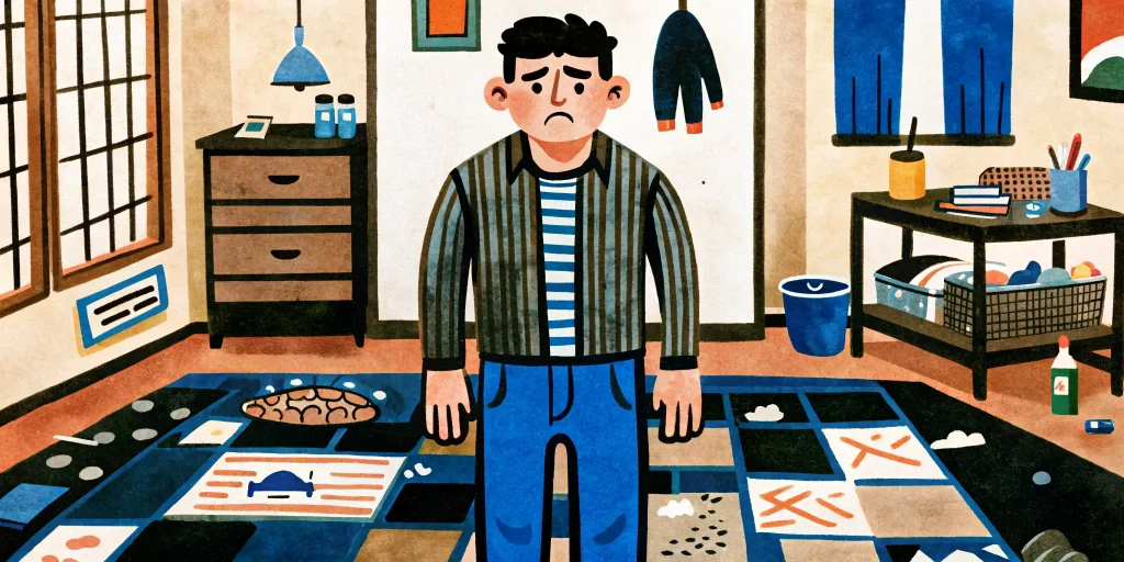 a man stands in a room that is very messy, he has a sad face