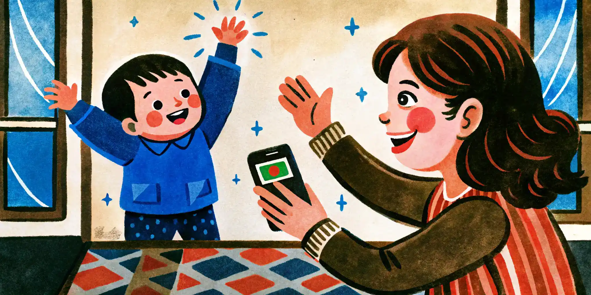 a woman gives a child a phone, the child leaps up