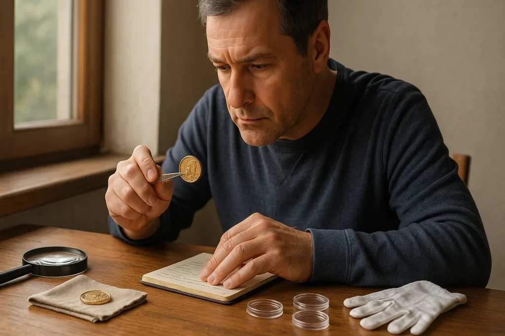 A middle-aged man sits by the window, carefully holding a Sacagawea dollar coin with tweezers as sunlight highlights its golden tone.