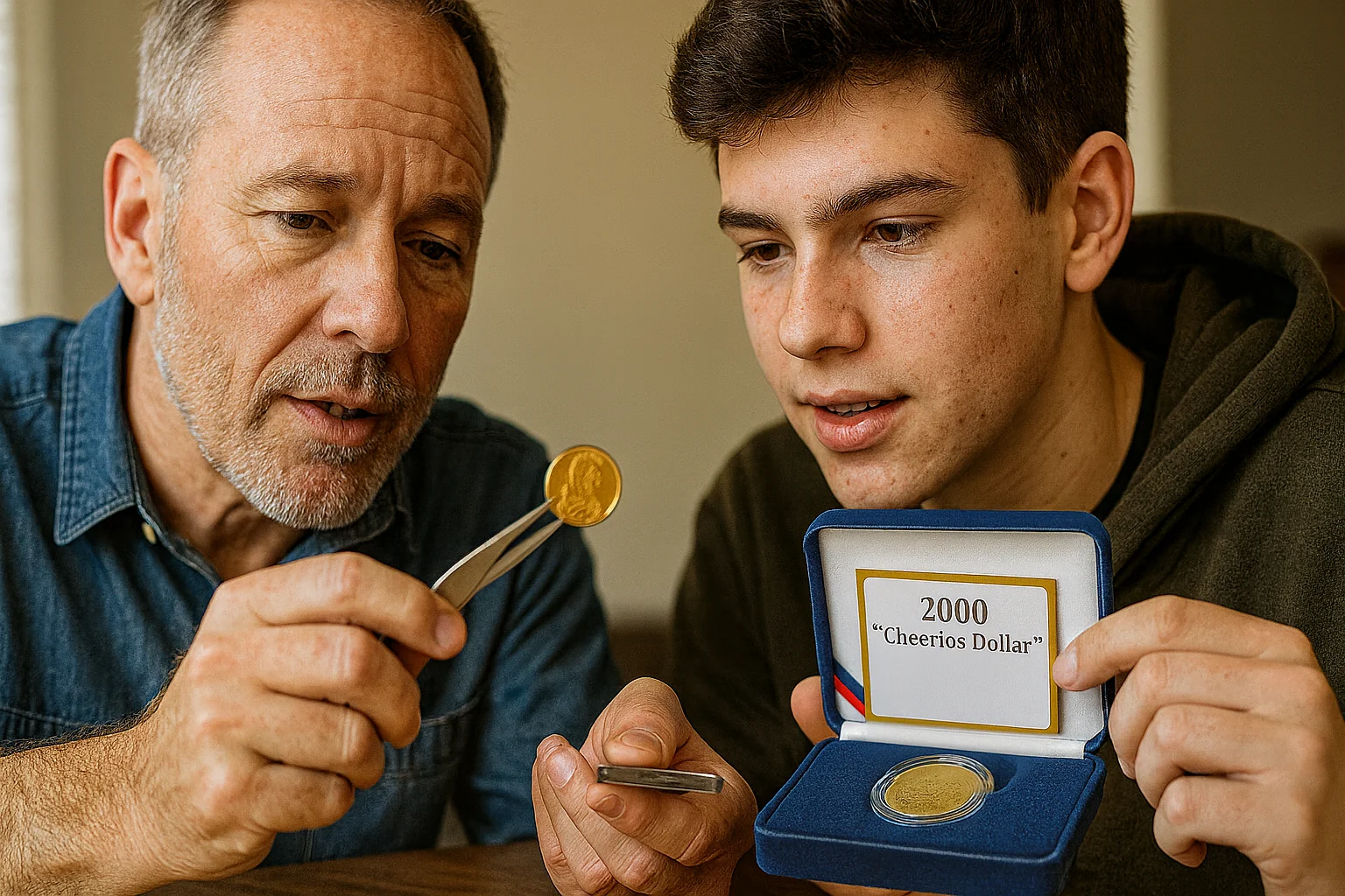 A collector shows a teenager the rare “Cheerios Dollar”, stored in a special case.