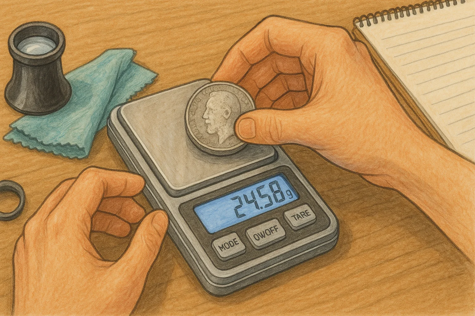 A collector weighs a weary coin on a digital scale, a magnifier and a cloth lie nearby.