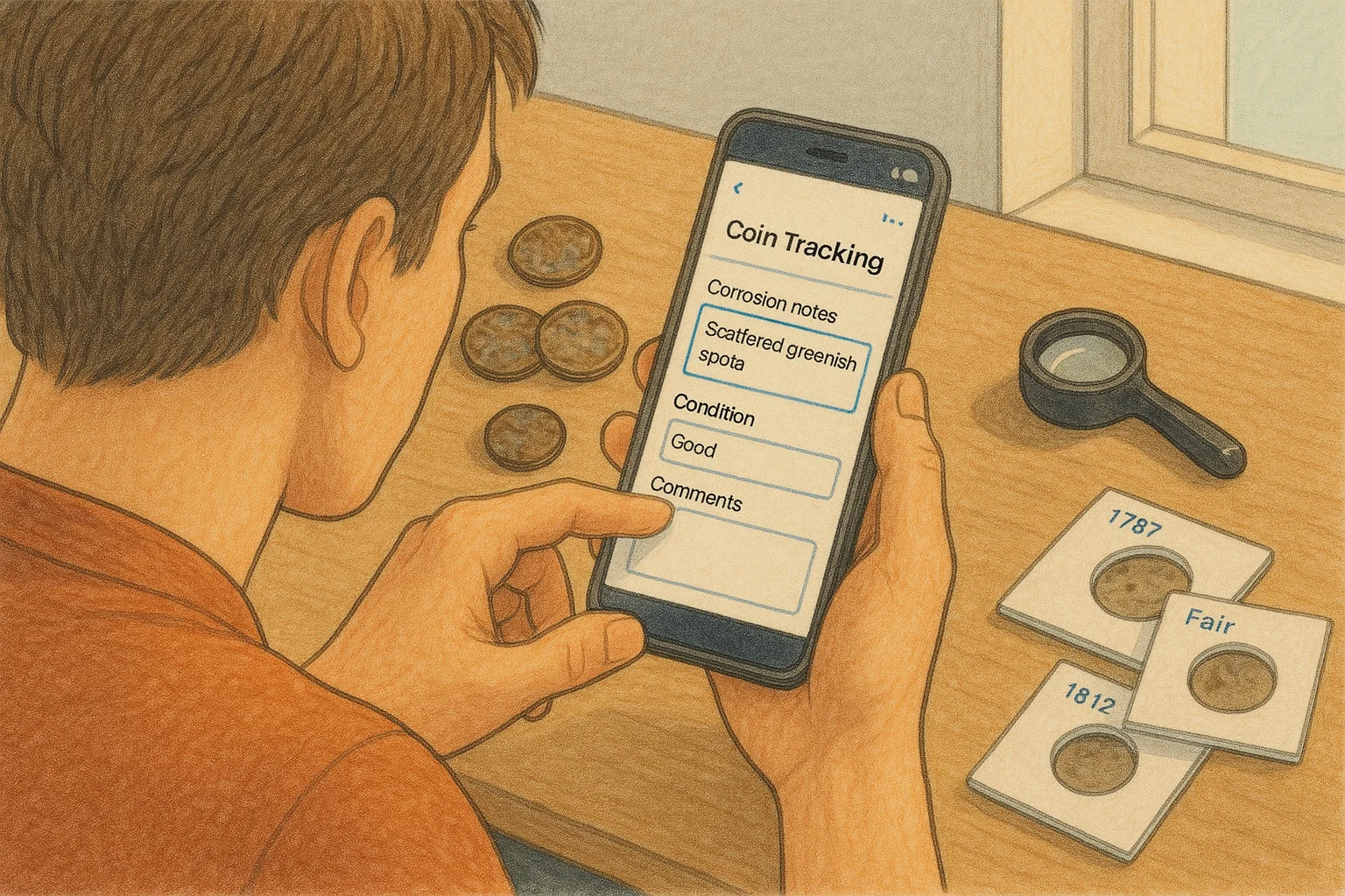 A collector tracks coin condition via the digital coin app in the smartphone.
